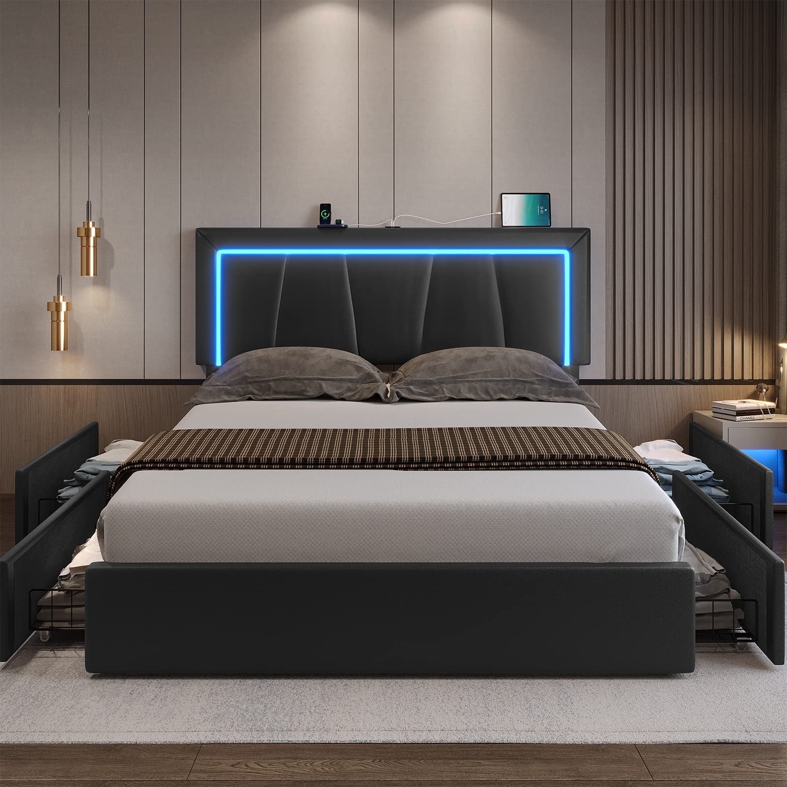 Queen Bed Frame with LED Headboard Modern Upholstered Platform Bed Frame with 4 Storage Drawers & USB and Type-C Ports,Artificial Leather Bed Frame for Bedroom,Black