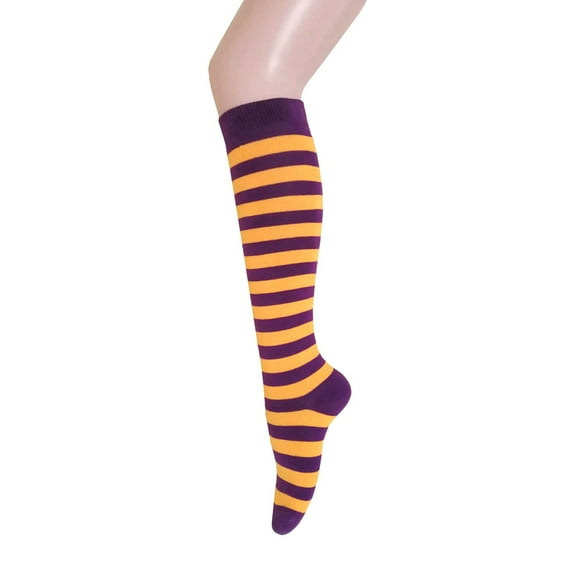 Zebra Stripes Knee High Tube Uniform Skirts Socks for Women and Girls in Purple with Gold Yellow Color