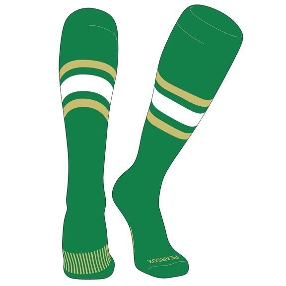 PEAR SOX Striped OTC Baseball, Softball, Football Socks (B) Kelly Green, Vegas Gold, White (XS)