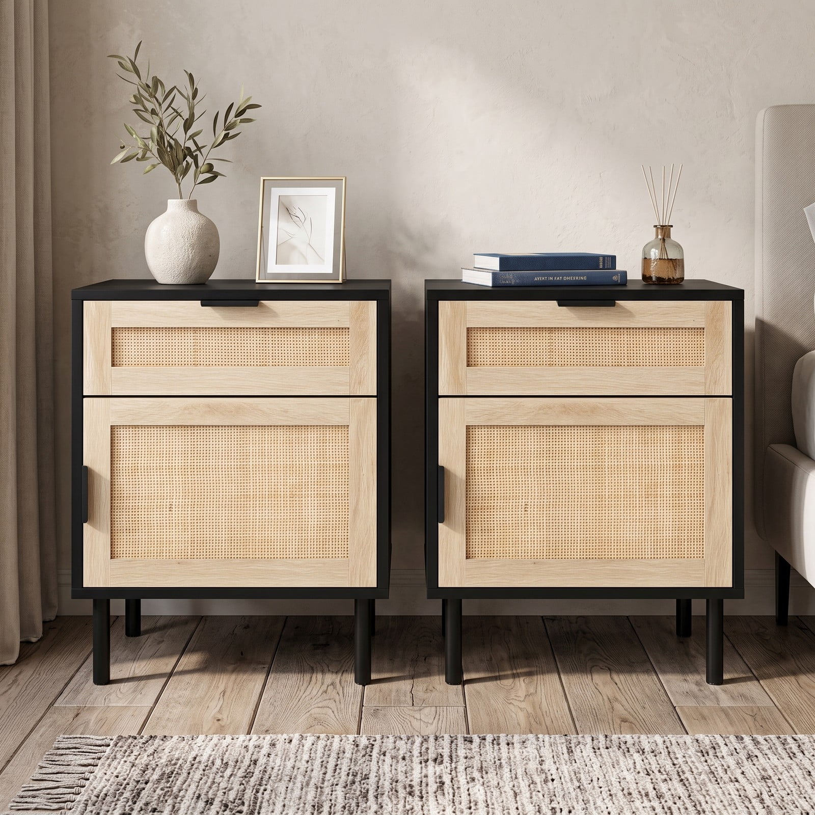 Furnibear Rattan Nightstand Set of 2 with Drawer and Cabinet for Bedside Storage in the Bedroom and Living Room, Black and Natural