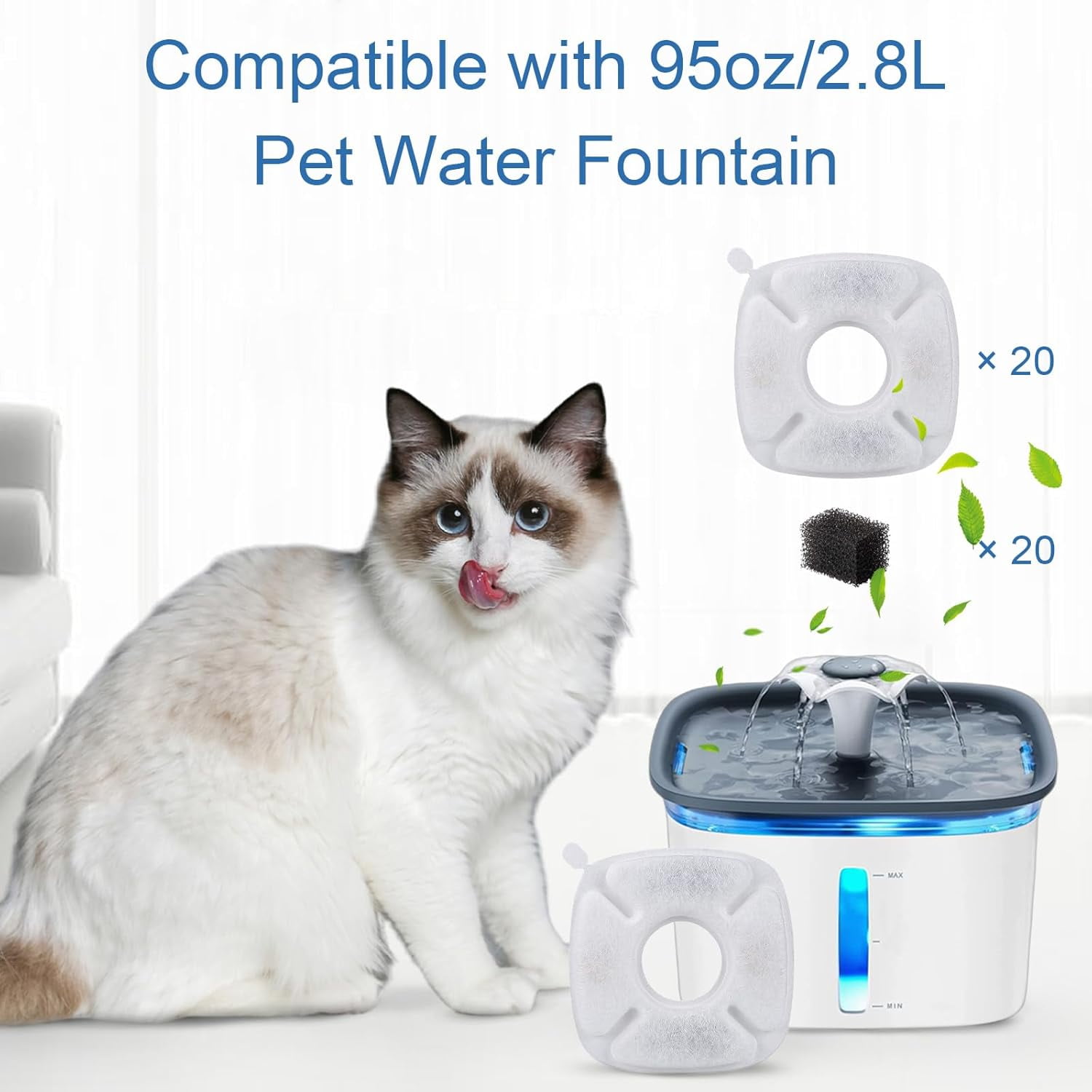 40PCS/Set Cat Water Fountain Filter, Compatible with veken /Ophanie 95oz/2.8L Pet Fountain Replacement Filters, 20 Sponges and 20 Water Fountain Filters for Cat Fountain Dog Water Bowl Dispenser