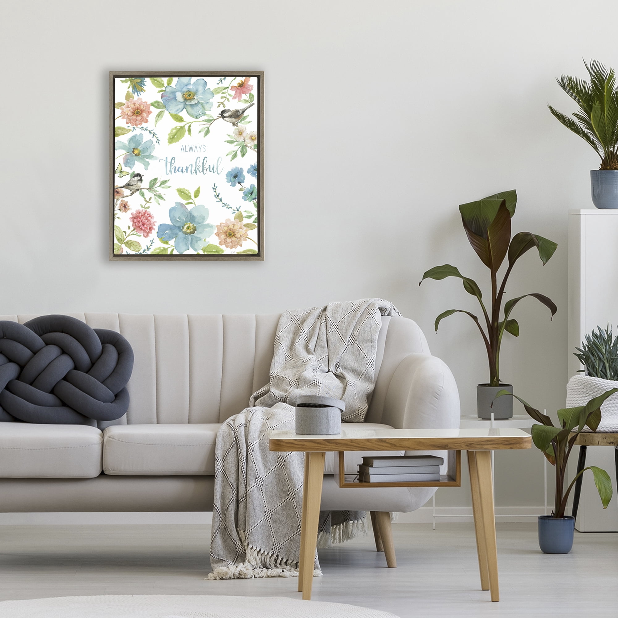 Stupell Industries Always Thankful Pink & Blue Brown Framed Floater Canvas Wall Art, design by Nan