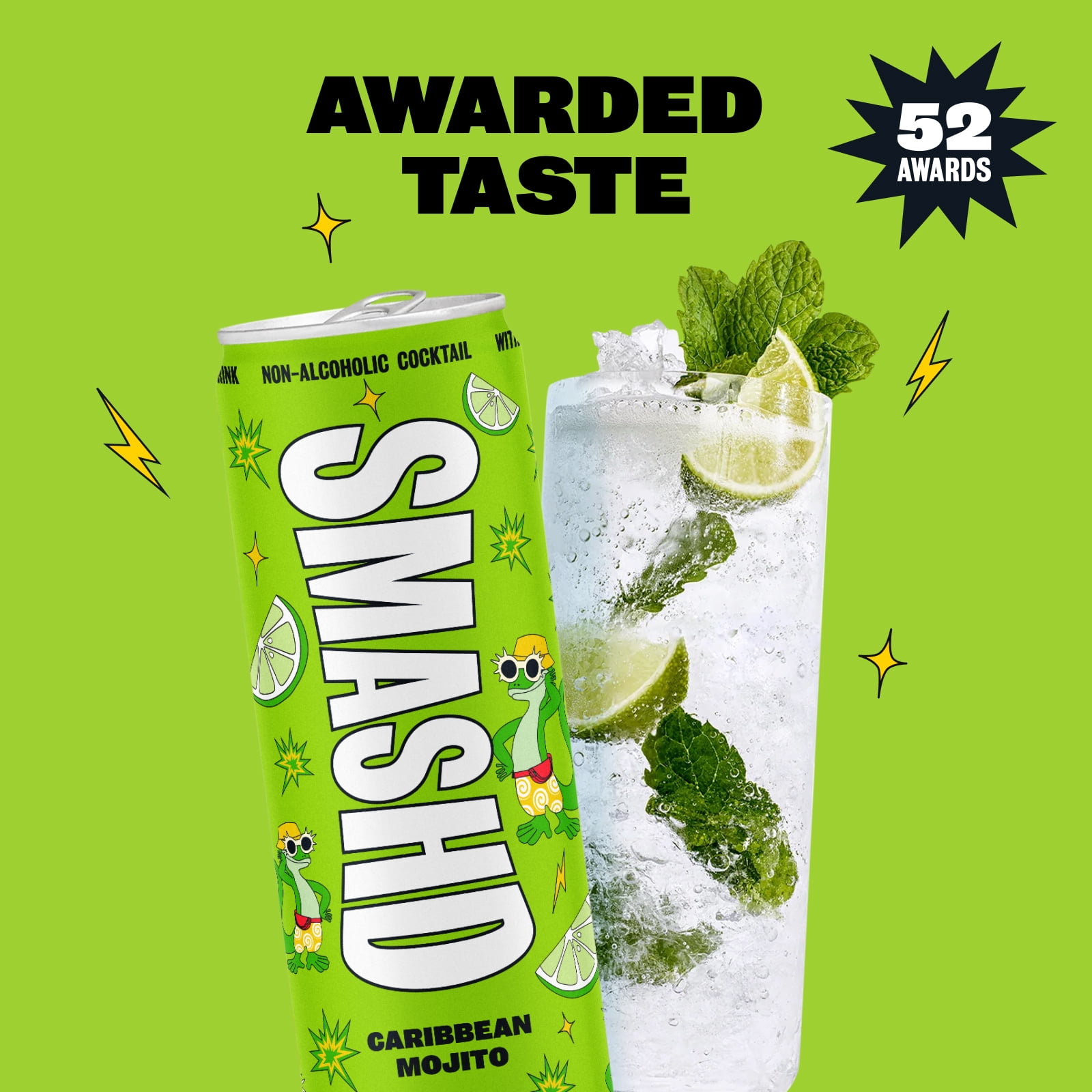 SMASHD Alcohol-Free Mocktails, Non-Alcoholic Beverage Flavored Sparkling Water, Rum alternative No Artificial Flavors, Caffeine-Free, with electrolytes, 12 Oz&nbsp; (Caribbean Mojito, 12 Pack)