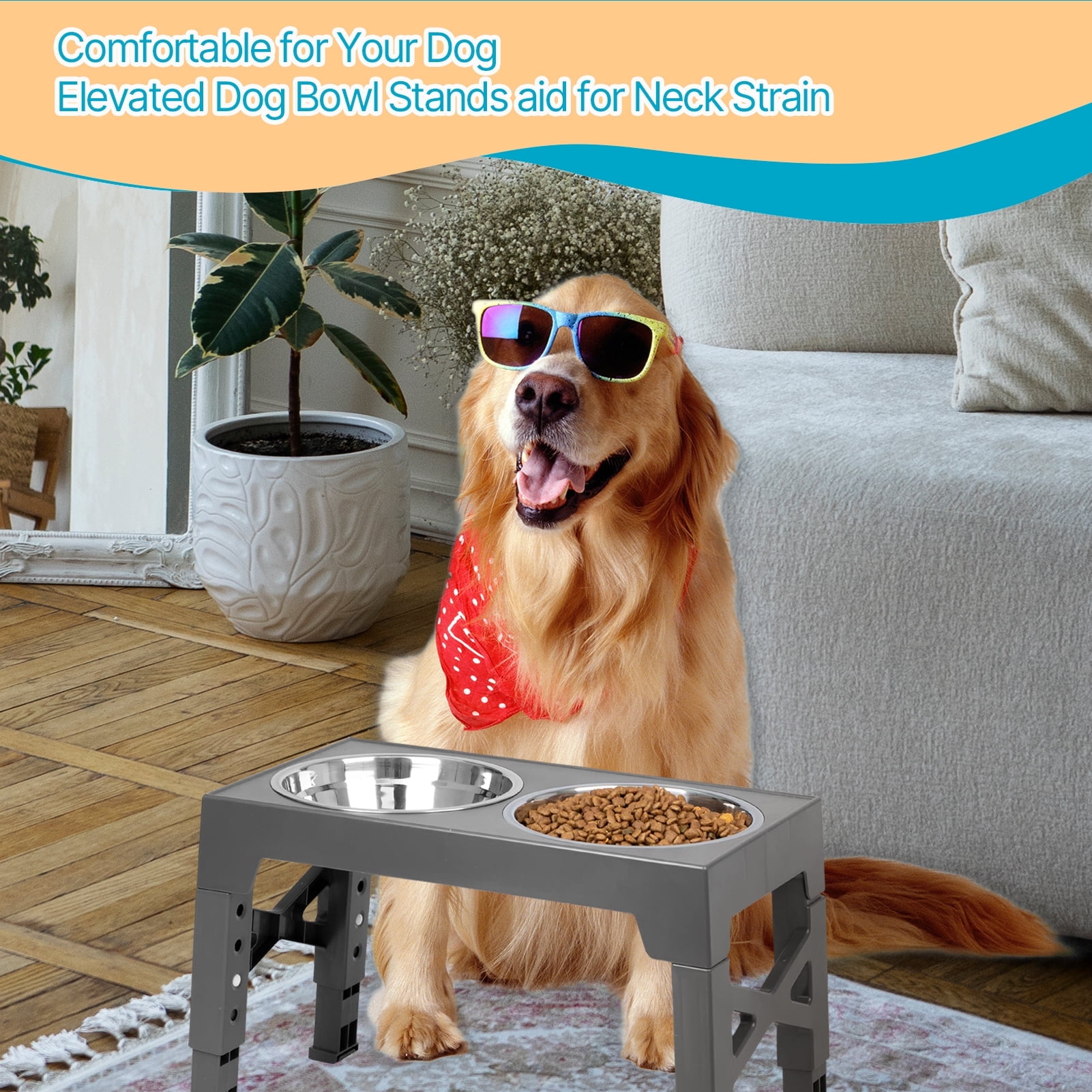 ZALALOVA Elevated Dog Bowls Stand with 2 Stainless Steel Dishes 1 Slow Feeder Dog Bowl, Raised Dog Bowl Adjusts to 5 Heights (3.15",8.9'',10",11.2'',12.4") for Medium and Large Dogs(Gray)