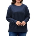 thumbnail image 5 of FlorCurve Plus Size Sweatshirts for Women Side Slit Pullover Sweatshirts Crew Neck Long Sleeve Drop-Shoulder Oversized Cotton Blouse, Navy Blue XL, 5 of 9