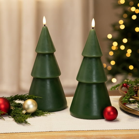 Northlight Flameless LED Flickering  Christmas Tree Wax Candles - 10.5" - Green - Set of 2