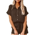 thumbnail image 2 of Simua Women's Summer 2 Piece Outfit Short Sleeve Button Down Shirt and Drawstring Shorts Solid Color Cotton Linen Lounge Sets, 2 of 6