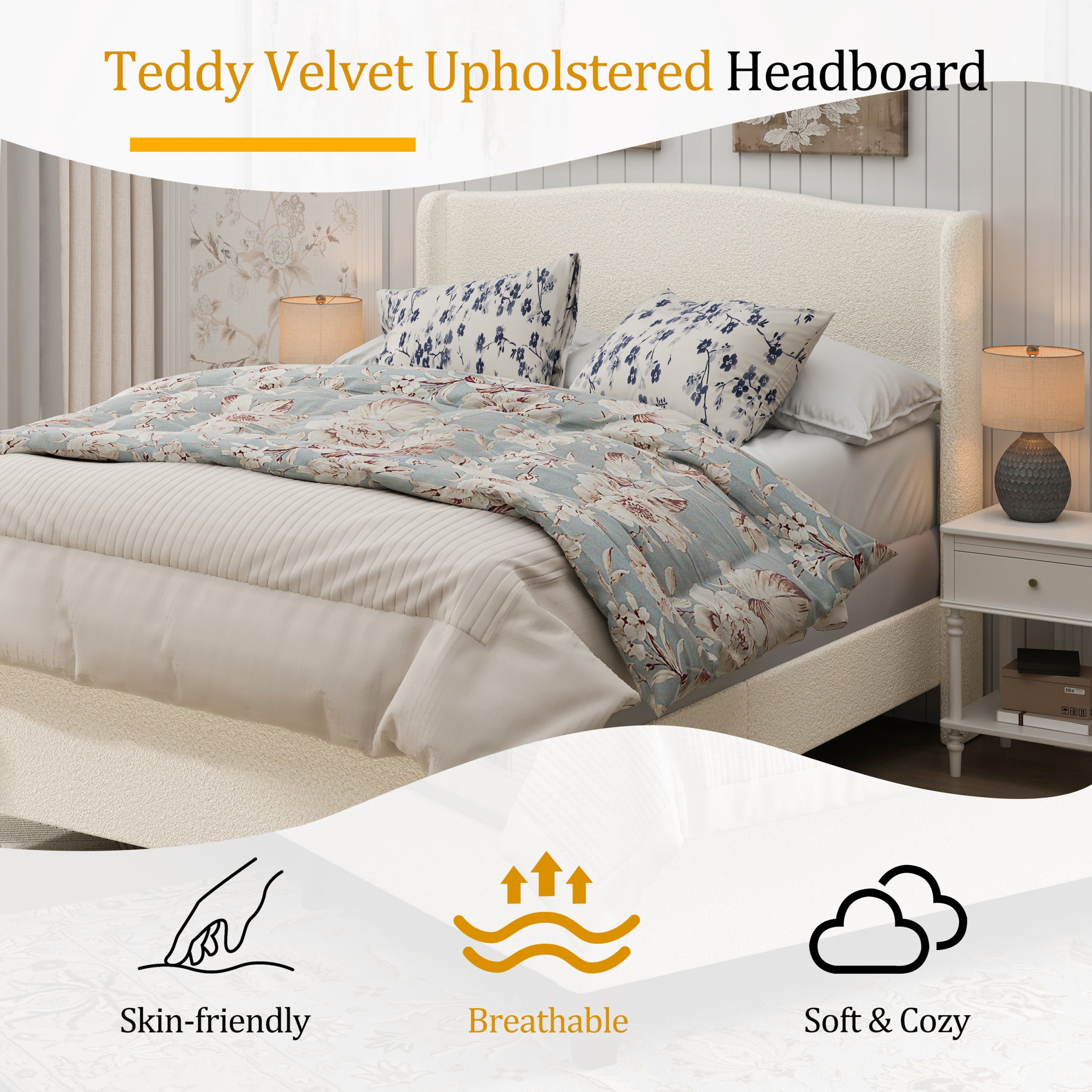 Full Size Bed Frame with 49.21"High Back Upholstered Headboard and 27.16" High Footboard,Teddy Velvet,12 Slat Support,Solid Wood Feet,Beige
