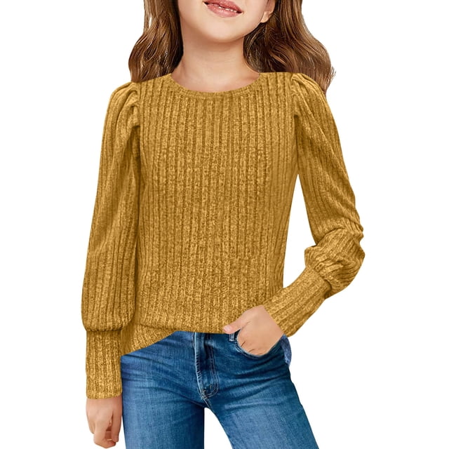 Plebaso Girls Ribbed Puff Long Sleeve Knit Shirts 5-14 Years Blouse Casual Pullover Lightweight Tunic Tops