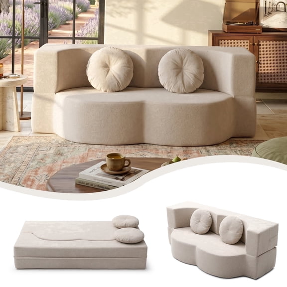 CKEASEAN 76" Twin Size Folding Convertible Sofa Bed, Linen Deep Seat Boneless Couch Sofa with 2 Pillows, Memory Foam Loveseat, Pull Out Bed for Living Room, Apartment, Office, No Assembly Required