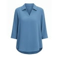 thumbnail image 4 of JGGSPWM Womens 3/4 Sleeve Tops V Neck Cotton Linen Work Blouse Collared Shirts for Women Business Casual T-shirt Blue S, 4 of 5