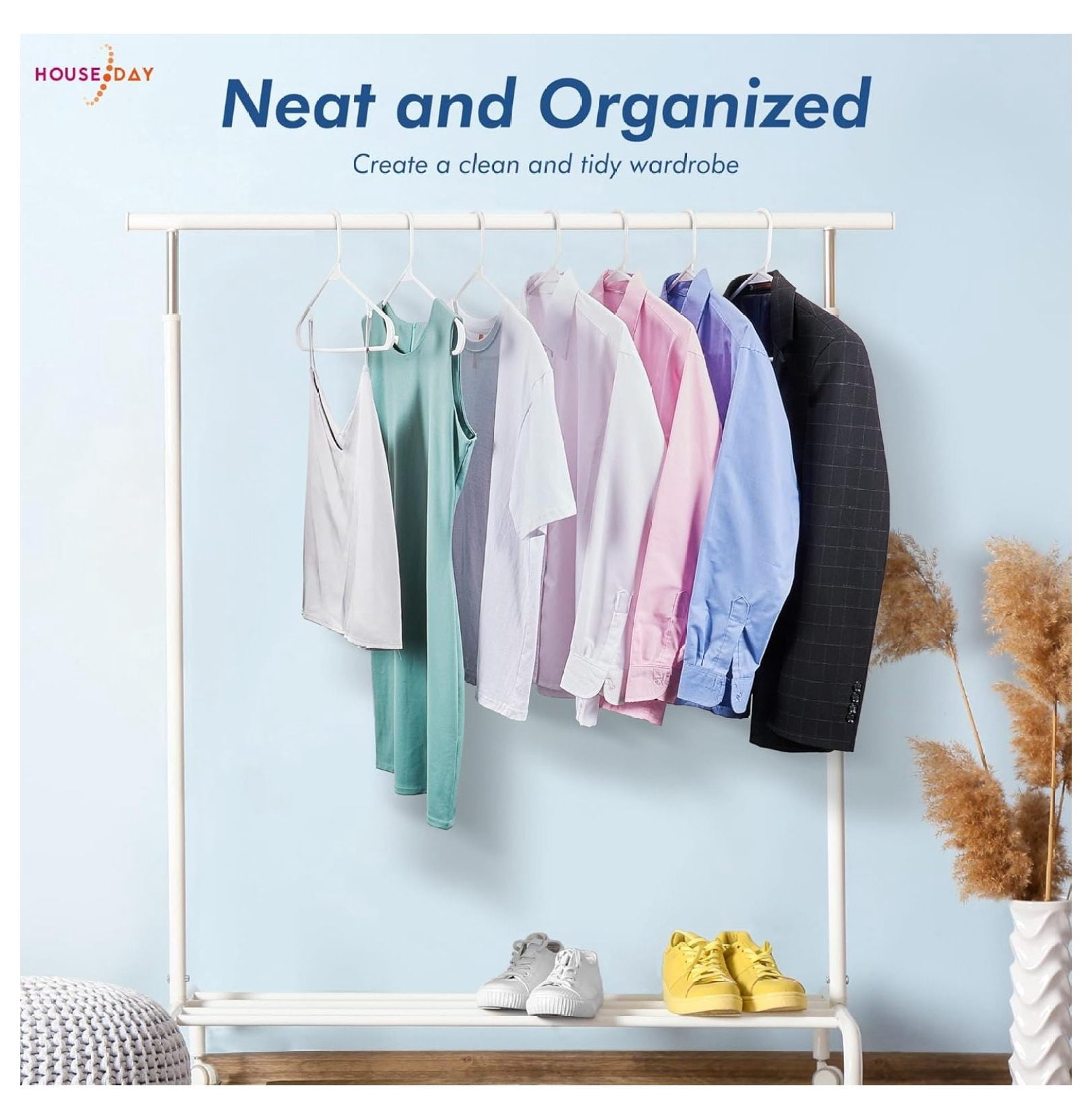 White Plastic Hangers 100 Pack, Plastic Clothes Hangers with Built-in , Durable and Strong Coat Hangers for Closet, Space Saving Clothing Hanger for Shirts, Coats, Skirt, Dress