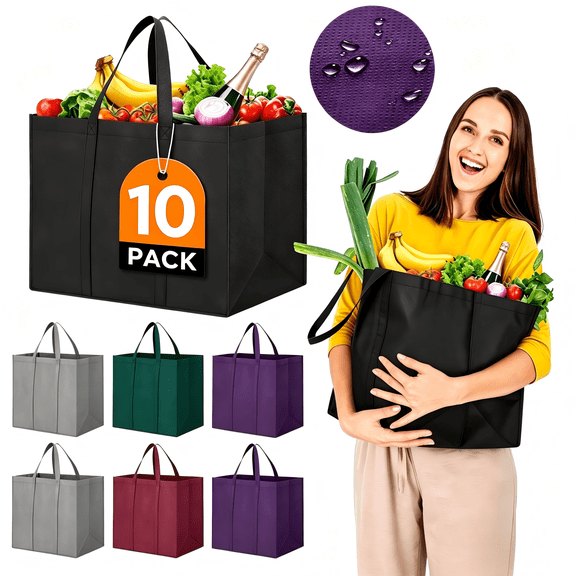 Reusable Grocery Shopping Bags 10 Pack Large Foldable Tote Bags Bulk,Eco Produce Bags with Long Handle for Shopping Groceries Clothes(5 Assorted Colors)