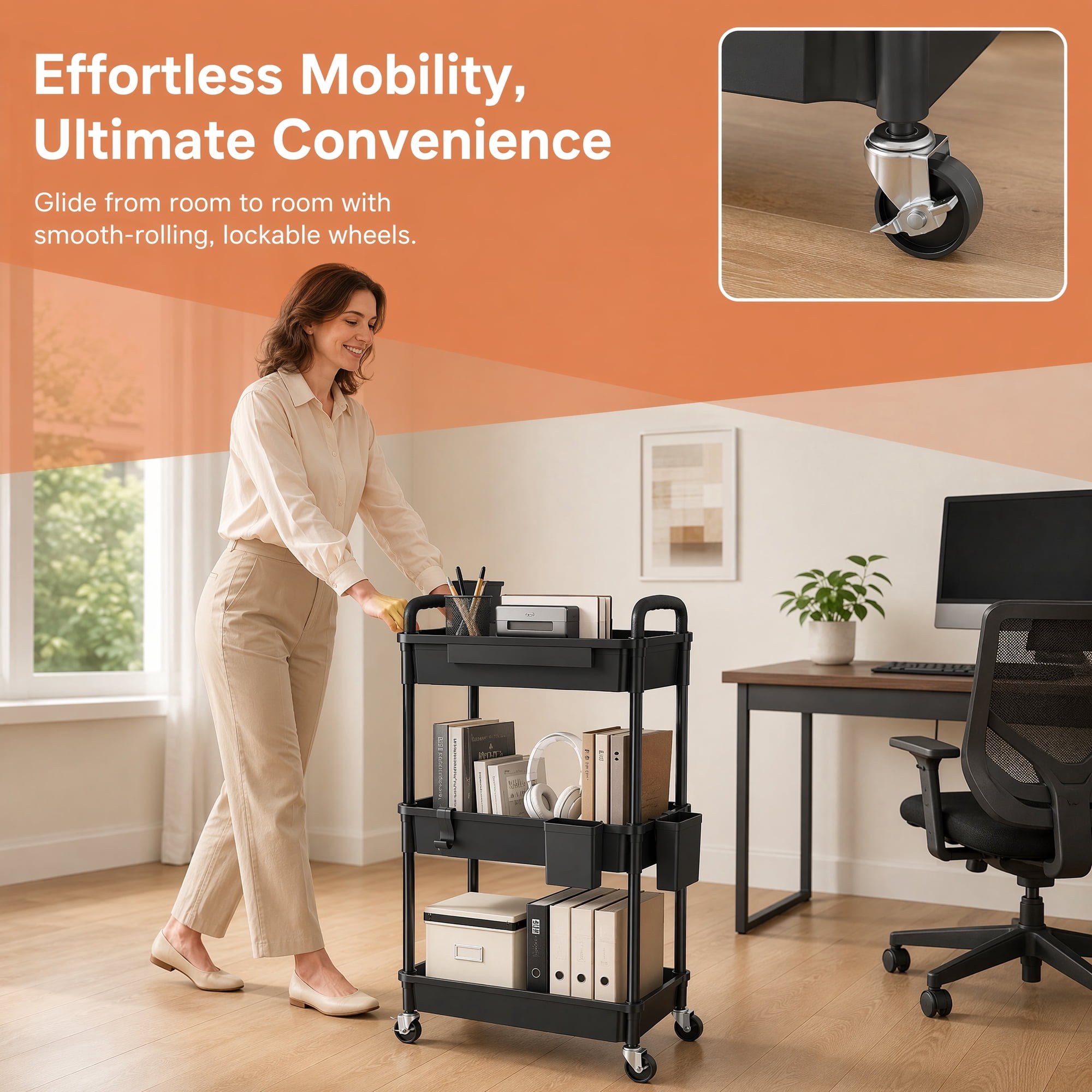 3-Tier Rolling Utility Cart with Drawer Multifunctional Storage Organizer for Kitchen Bathroom Living Room Office Black