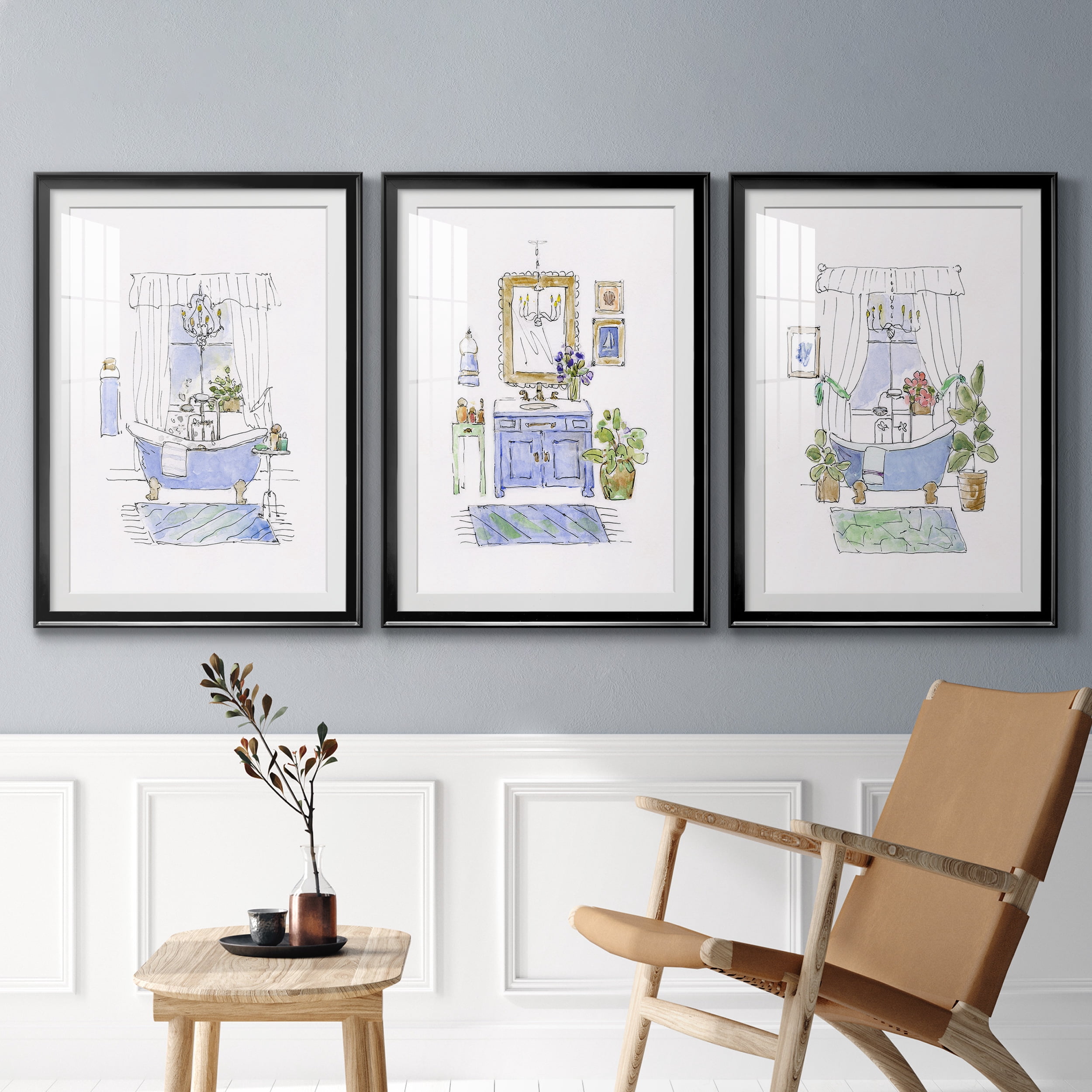 Sketchy Bath I Premium Framed Prints Set of 3 - Ready to Hang - 30.5 x 42.5 Each - Black Frame