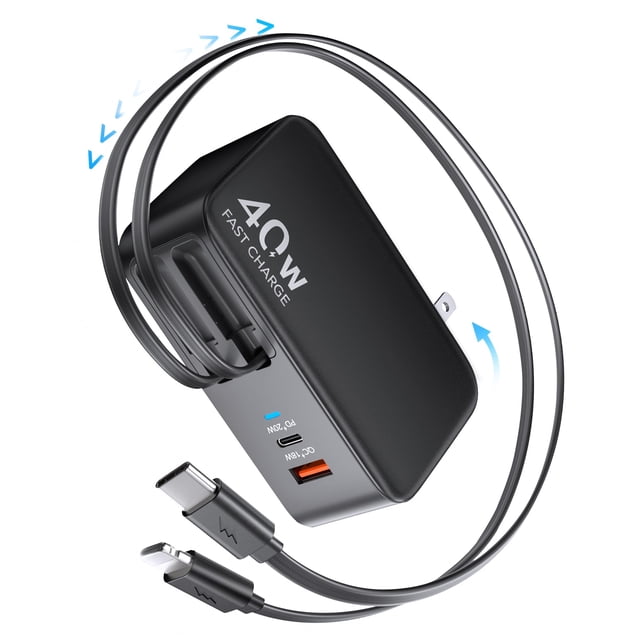 Cargador HATALKIN 40W 4 en 1 con cables retráctiles USB-C y Lightning