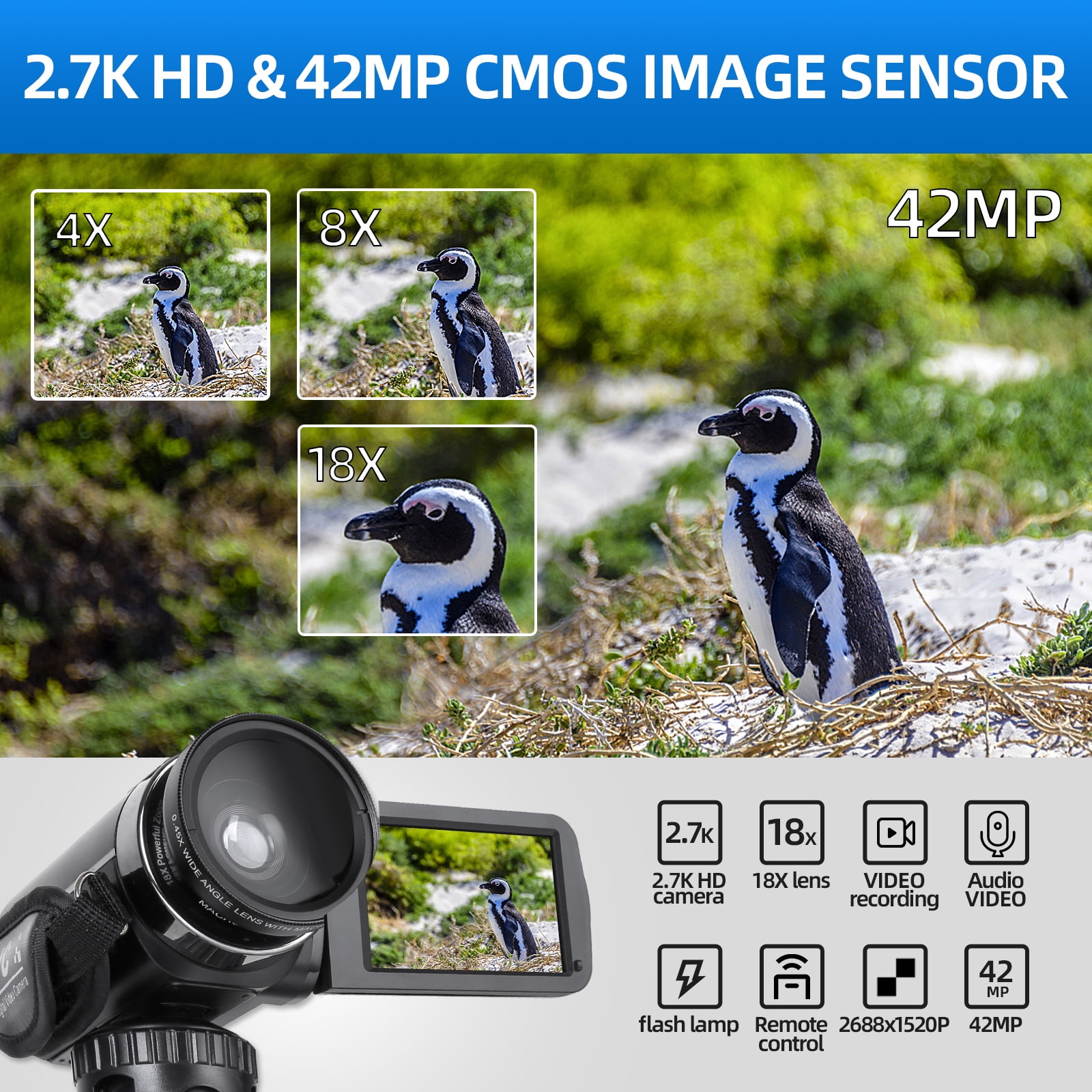NBD Video Camera 2.7K Ultra HD 42MP Youtube Vlogging Camera 3.0” Camcorder with Remote Control