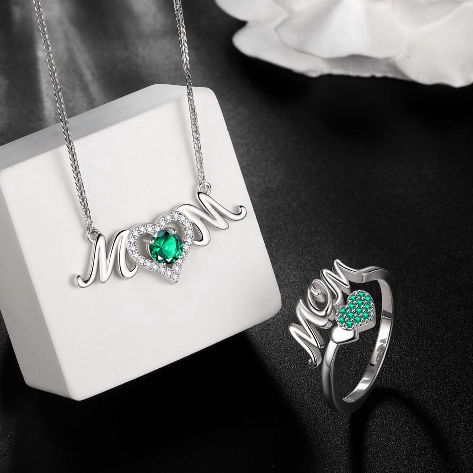 Beautlace Mom Necklace and Ring Set,925 Sterling Silver Love Heart May Emerald Birthstone Pendant Necklace/Adjustable Open Rings Jewelry Set Mother's Day Birthday Gifts for Mom Women Her Gandma