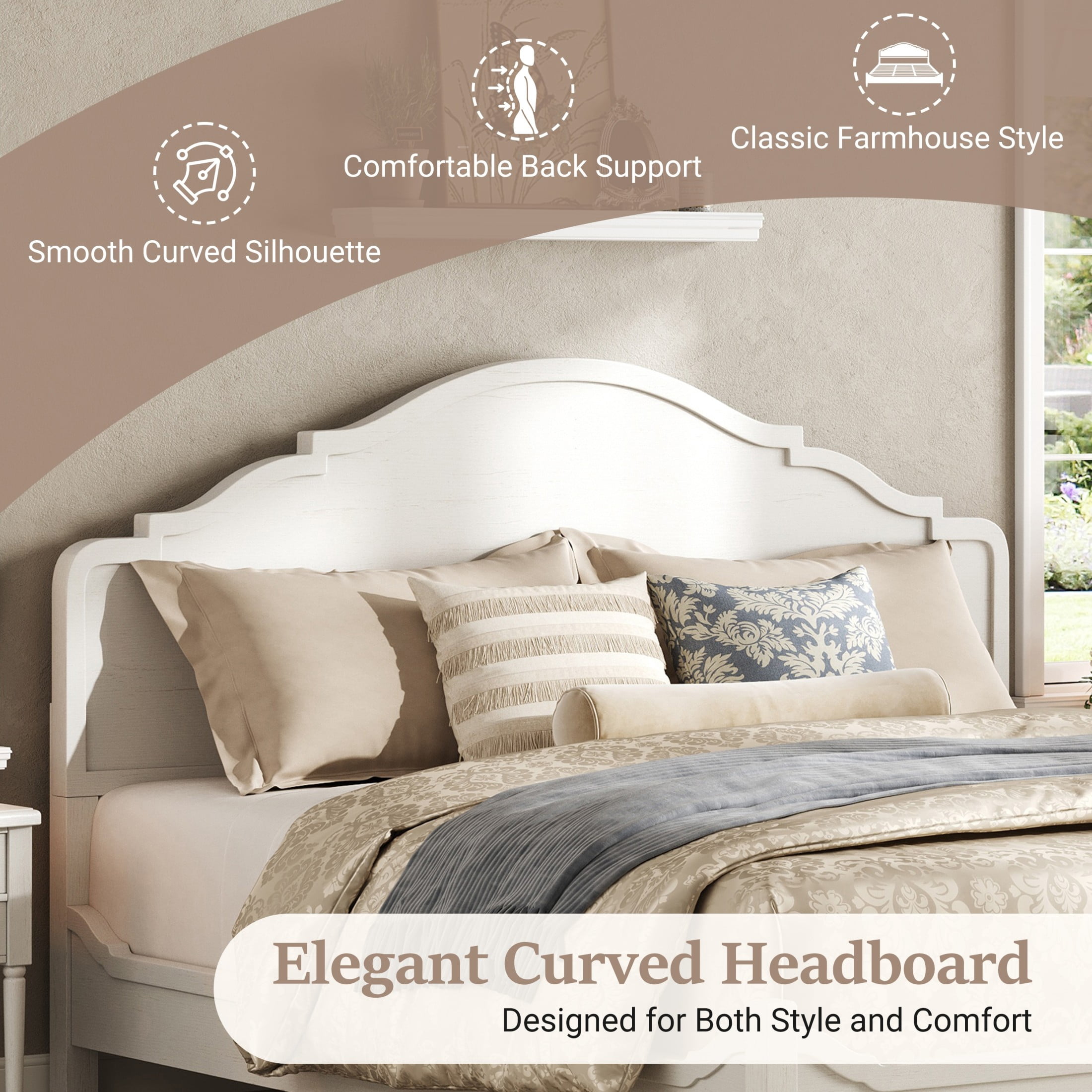 Christopher Knight Home Farmhouse King Wood Platform Bed with Curved Headboard, Turned Legs, White
