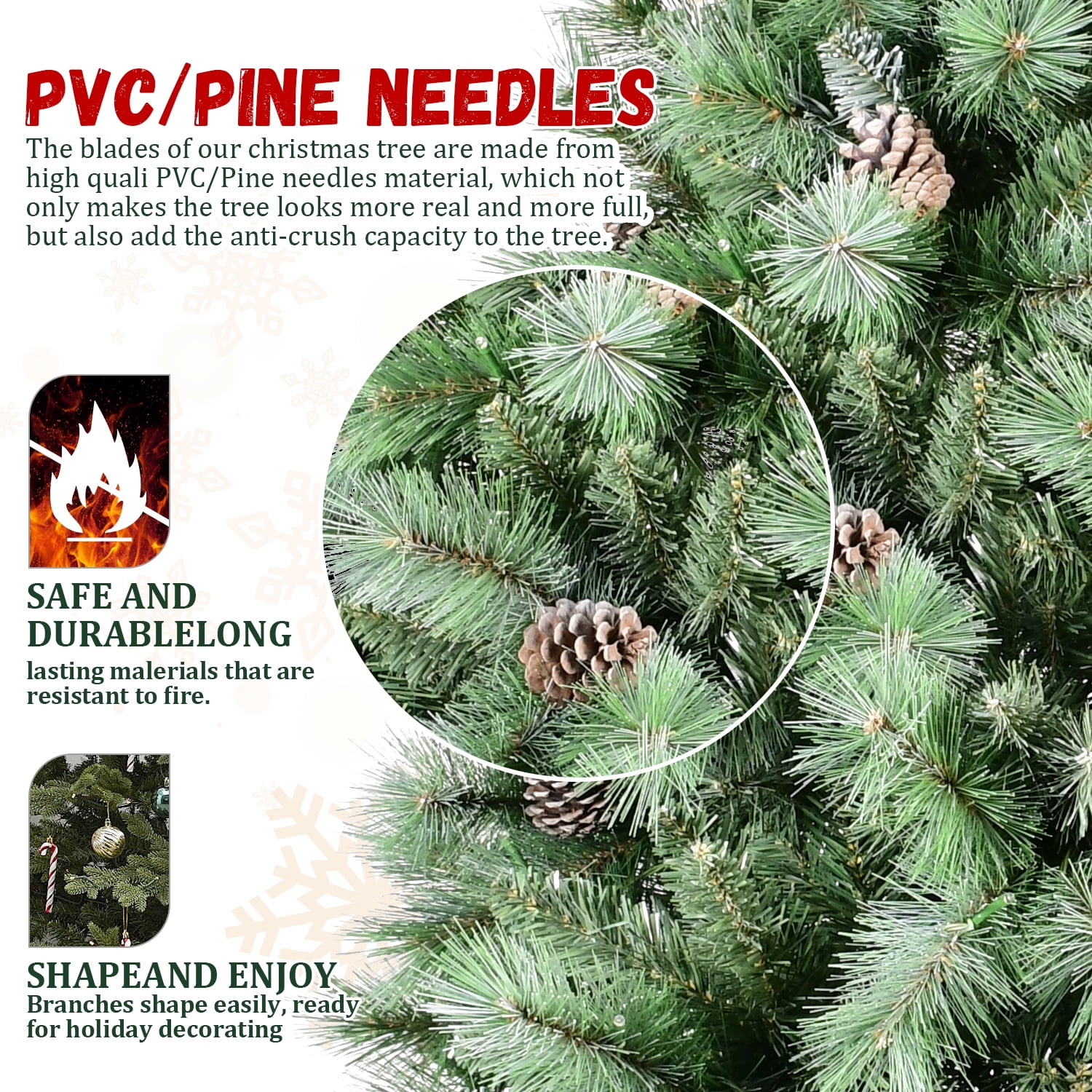 6ft Flocked Christmas Tree 988 Tips 66 Pine Cones Hinged Branches Metal Stand Indoor Decor
