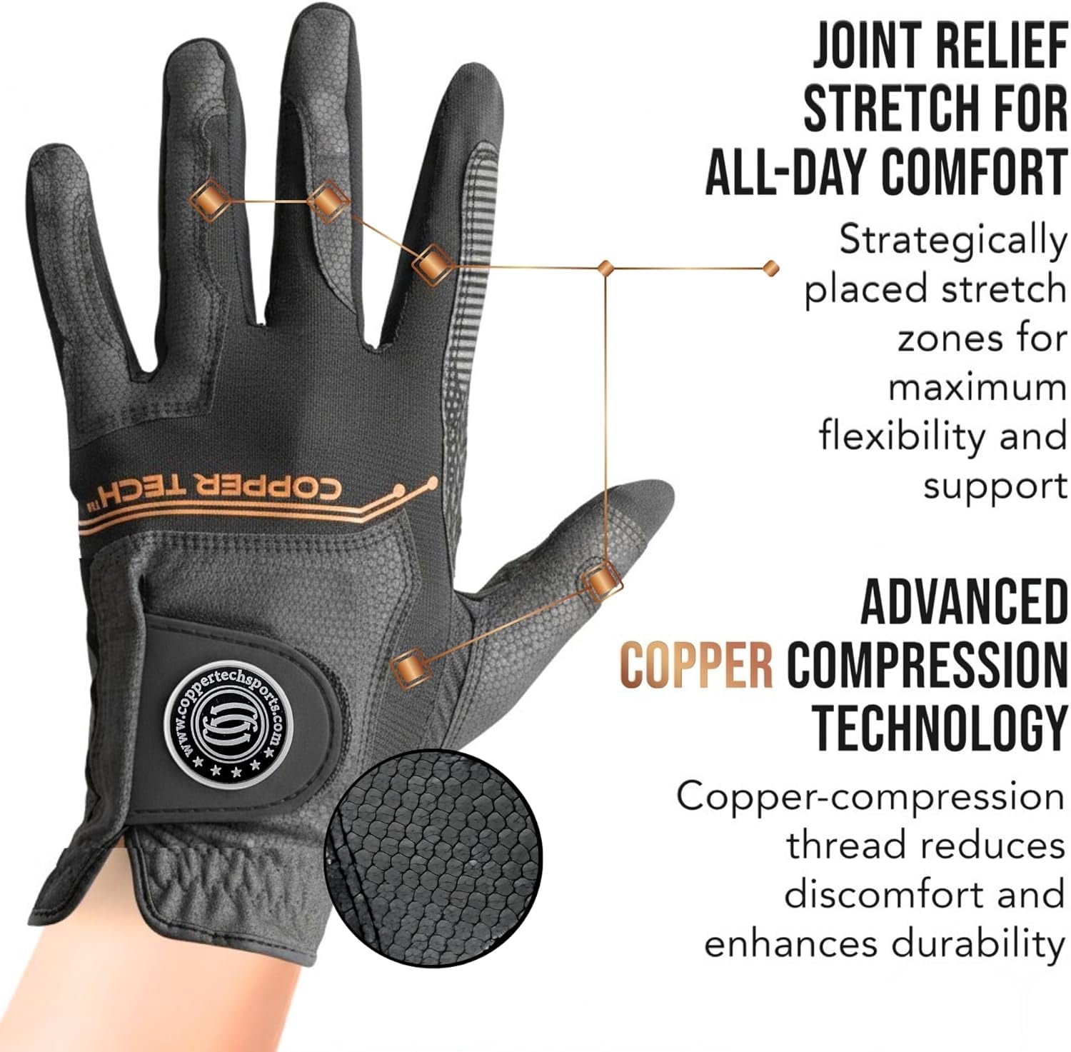 Copper Tech Golf Gloves Men (2 Pack)| Copper Compression Joint Support | Flexible & Comfortable Fit with AAA Leather (Charcoal Gray, Small, Left)
