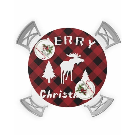 

Round Tablecloth with Elastic Merry Christmas Elk Red Black Buffalo Check Waterproof Stain-proof Table Cover Wipeable Fitted Table Cloths for 45 -54 Round Tables Dining Kitchen Indoor Outdoor Use