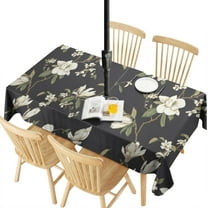 Outdoor Waterproof Tablecloth with Umbrella Hole and Zipper,White Flower Rectangle Reusable Durable Decor Table Cover for Party Picnic Patio 60×120 Inch