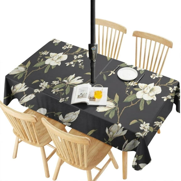Outdoor Waterproof Tablecloth with Umbrella Hole and Zipper,White Flower Rectangle Reusable Durable Decor Table Cover for Party Picnic Patio 60×120 Inch
