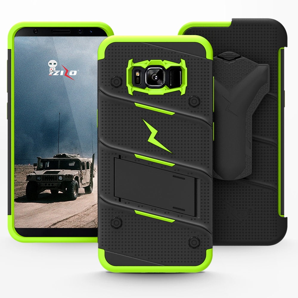 ZIZO BOLT Series for Samsung Galaxy S8 Case Military Grade Drop Tested with Tempered Glass Screen Protector, Holster BLACK NEON GREEN