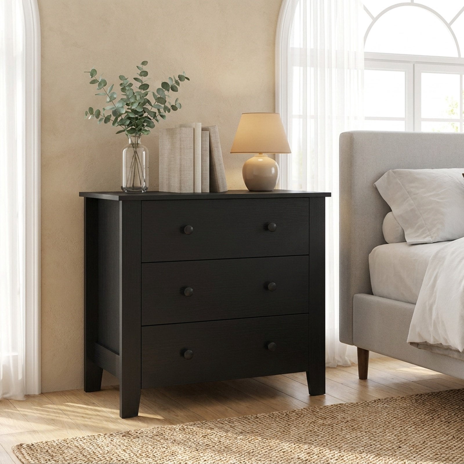 Furnibear 3 Drawer Dresser Chest of Drawers Bedside Table, Wood Grain, for Bedroom Closet Living Room Nursery Clothes Storage, Dark Brown