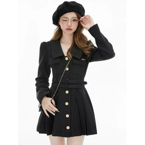 Vestido corto plisado elegante de estilo coreano para mujer, minivestido de fiesta Vintage francés, abrigo Retro cálido, otoño e invierno, 2022