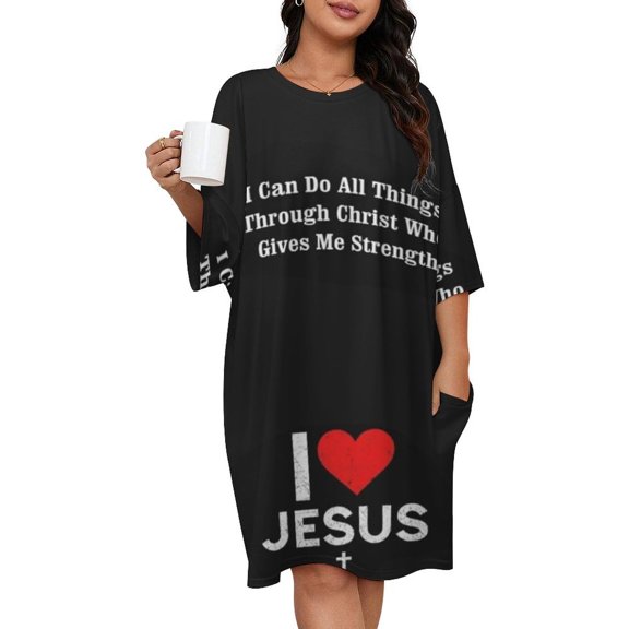 I Love Jesus Sleepshirts For Sleeping Travels Loose Sleepdress Pajama Dress Soft Nightdress Sleepwear