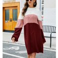thumbnail image 2 of Vestido tipo suéter con bloques de color para mujer, cuello redondo, suelto, de moda, manga larga, vestido tipo suéter para uso diario, rojo vino XL, 2 of 7