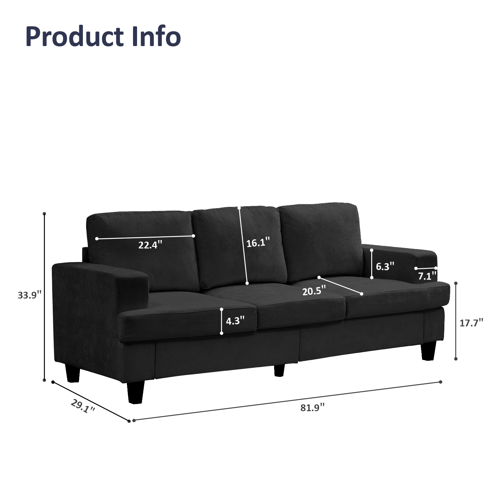 ZAFLY 82” Deep Seat Couch with Wide Armrest, Oversized Sofas and Couches for Small Space/Living Room - Dark Gray