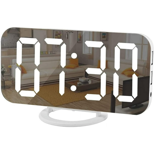Reloj despertador digital, relojes electrónicos LED con superficie de espejo, con cargador USB, modelo de repetición, brillo automático/personalizado, para mesa de oficina, dormitorio, mesita de