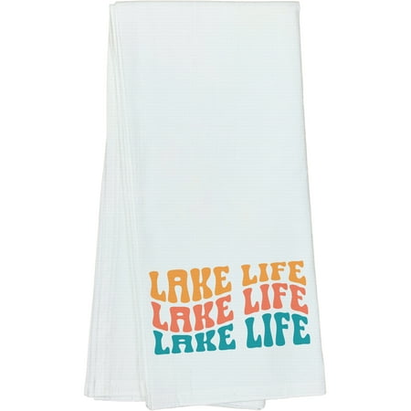 

Lake Life Living by Lakes Quote Groovy Retro Wavy Text Merch Gift Dish Towel 16 x 25 IN