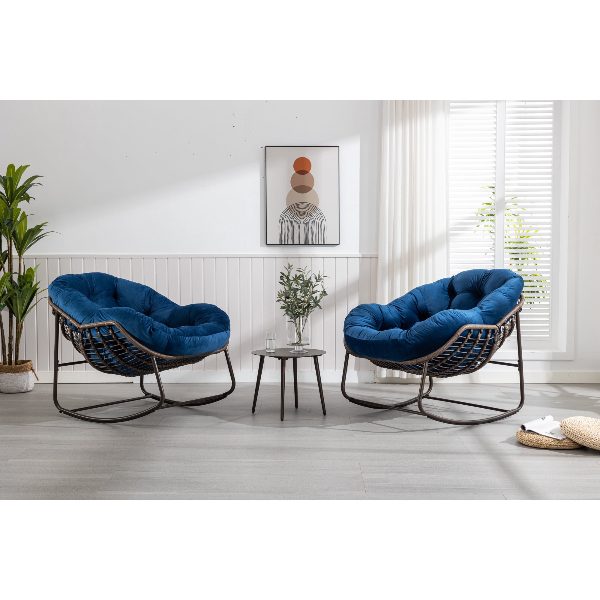 Leumius Outdoor Rattan Rocking Chair, Padded Cushion Rocker Recliner Chair Outdoor for Front Porch Living Room Patio Garden, Navy Blue