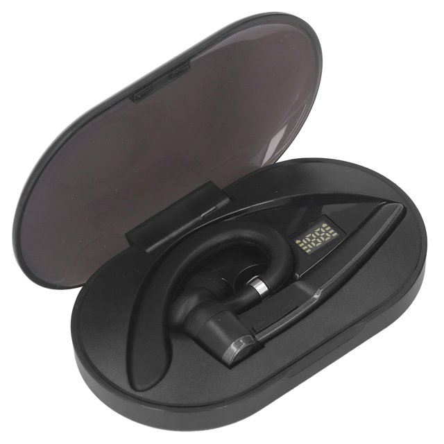 el auricular de bt, la radio del reemplazo del auricular hace la llamada telefónica manos libres al profesional para el viaje Auricular BT Anggrek en estuche de carga ovalado abierto; vista 3/4 del auricular negro con gancho sobre la oreja, punta intrauditiva, tapa semitransparente y contactos de carga visibles, batería integrada 105 mAh (auricular) y 400 mAh (estuche); diseñado para llamadas manos libres y uso en viaje, también suele usarse para comunicación en trayectos de trabajo.