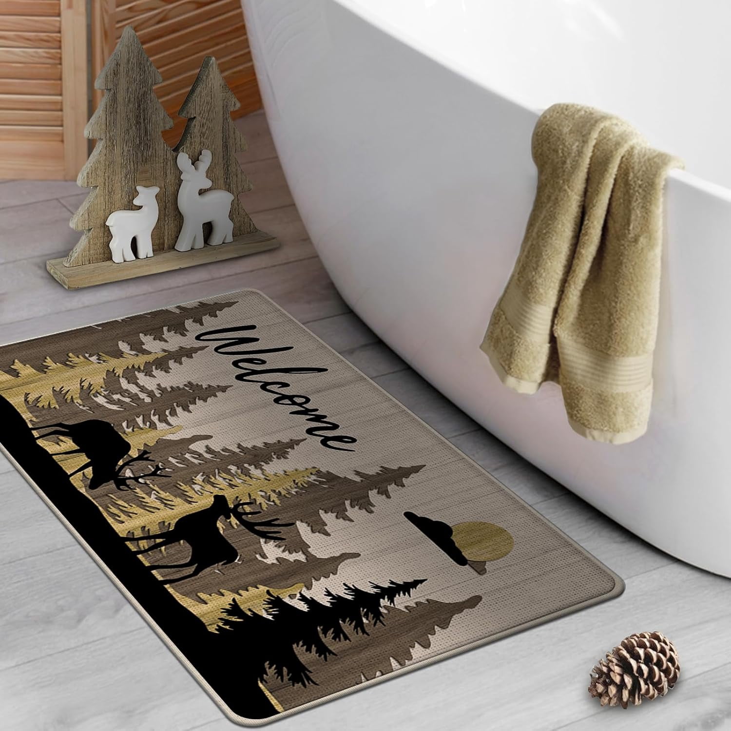 Welcome Woodland Deer Decorative Front Door Mat, Brown Forest Wild Animals Adventure Doormat Indoor Outdoor Non-Slip Floor Entryway Rug, Farmhouse Rustic Home Kitchen Decoration 17x30 Inch