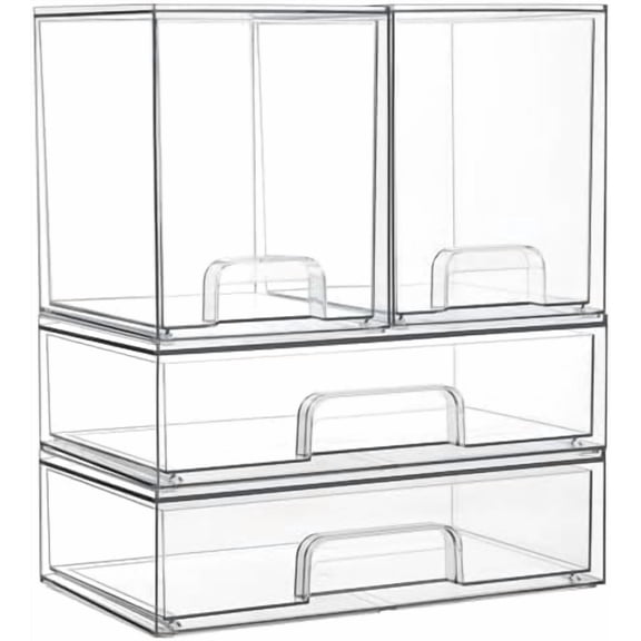 Clear Stackable Storage Drawers Set of 4, Plastic Organizer Bins for Makeup, Cosmetics, Beauty Supplies,Ideal for Vanity, Bathroom,Cabinet,Pantry Organization