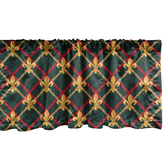 Fleur de Lis Window Valance, Royal Design Checkered Pattern Plaid Striped Squares French Lily, Curtain Valance for Kitchen Bedroom with Rod Pocket, 54" X 18", Hunter Green Marigold, by Ambesonne