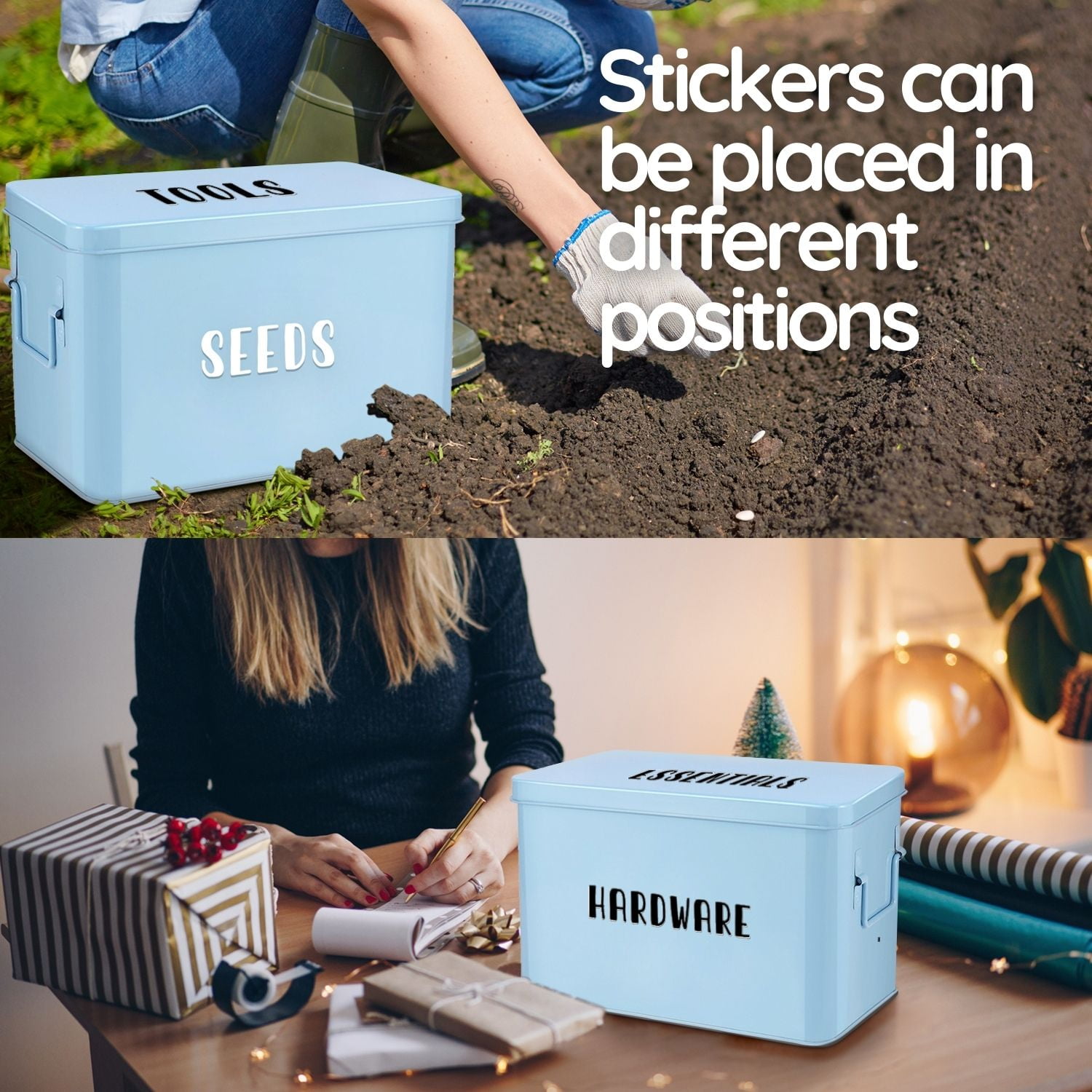 Flexzion Tin Storage Box with Removable Tray, Seed Organizer Box and Metal Seed Holder Organizer with Hinged Lid, Versatile Toolbox Container for Crafts, Hardware, Tools and Essentials, Blue