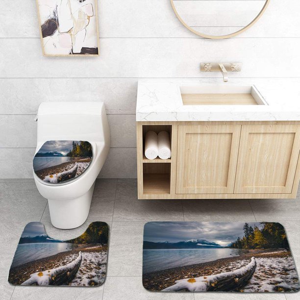 ABPHQTO Hojas de otoño en la costa de un lago cubierto de nieve Juego de alfombras de baño de 3 piezas Alfombra de baño Alfombra de contorno y tapa de inodoro ABPHQTO Cont-CHAPPLE-30114