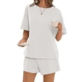 thumbnail image 5 of Short Sleeved 2 Pieces Waffle Knit Set Casual .loose Tops and Shorts Pants Lounge Sets, 5 of 6