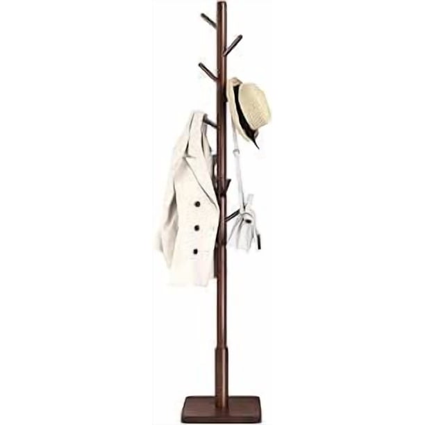 SONGMICS HOMEPerchero, Perchero de Madera Maciza, Perchero de Pie con 8 Ganchos para Abrigo, Sombrero, Bolso, Cartera, para Entrada, Pasillo, Ganchos y Mástil de Madera de Caucho, Dark Walnut