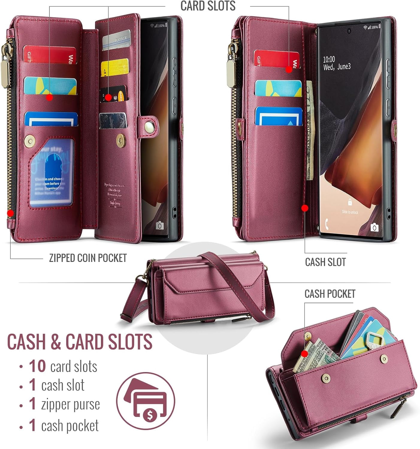 Phone Case for Samsung Galaxy Note 20 Ultra 5G Zipper Wallet Cover with Screen Protector and Flip RFID Blocking Card Holder Cell Note20 Plus Notes 20Ultra Note20+ U + 20+ Twenty Not S20 Women Wine Red
