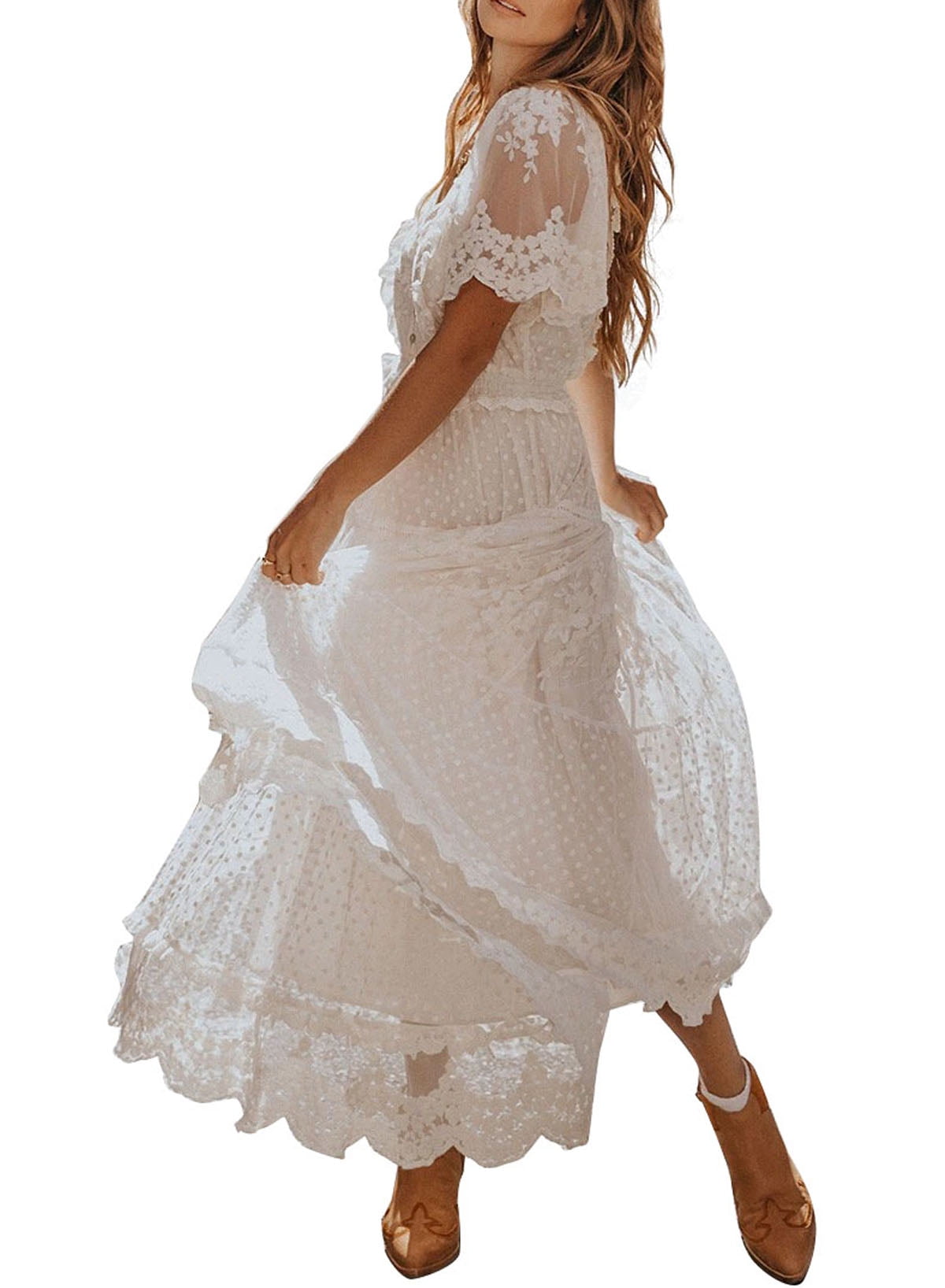 Dokotoo Womens White V Neck Short Sleeve Lace Dress Loose Maxi Evening