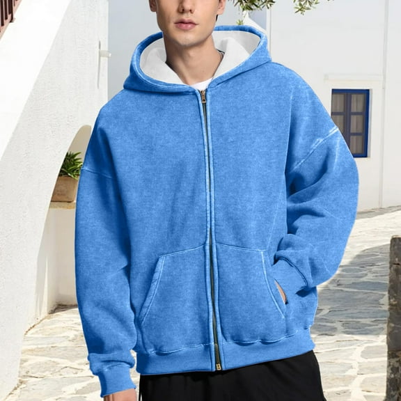 GrmtClth Hoodies for Men Relaxed Fit Zip Up Hooded Sweatshirt Vintage Long Sleeve Pullover 2025 Fall Oversized Outerwear with Pockets Blue M