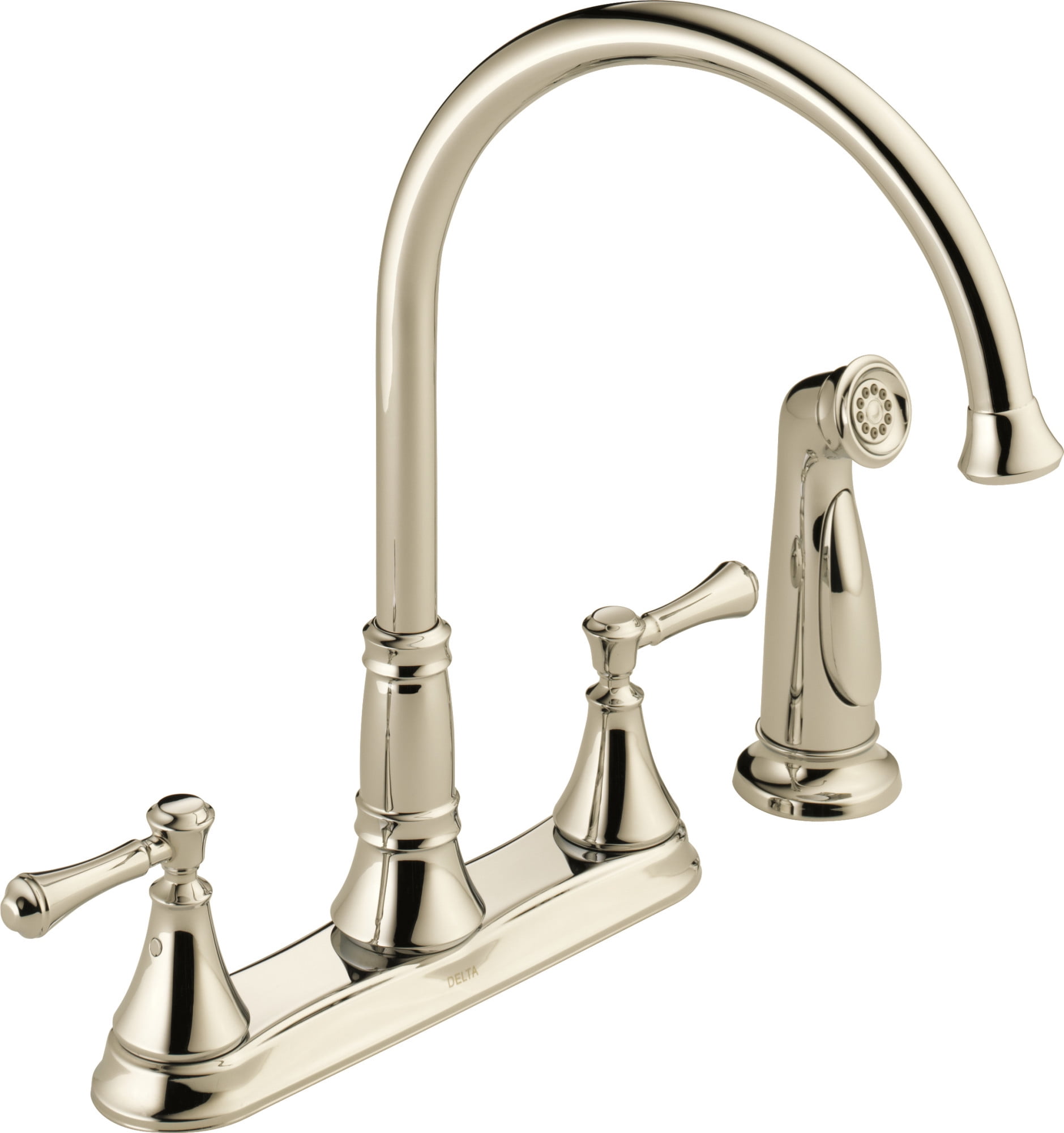 Delta Cassidy Two Handle Kitchen Faucet with Spray, Polished Nickel