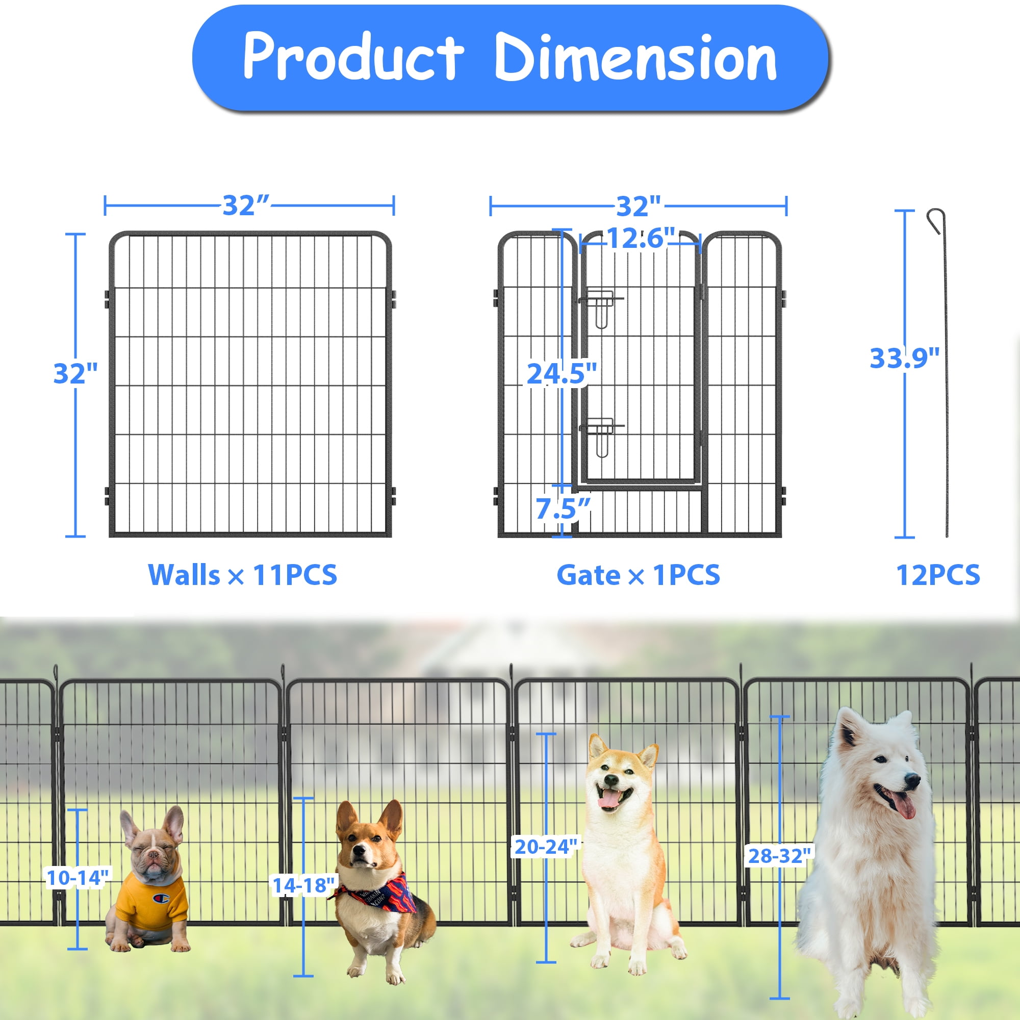 Pefilos 12-Panel Heavy Duty Metal Dog Playpen Portable Outdoor Folding 32"x32" Large Indoor Metal Puppy Dog Run Fence with Doors, Black Pefilos 12-Panel Heavy Duty Metal Dog Playpen Portable Outdoor Folding 32"x32" Large Indoor Metal Puppy Dog Run Fence with Doors, Black